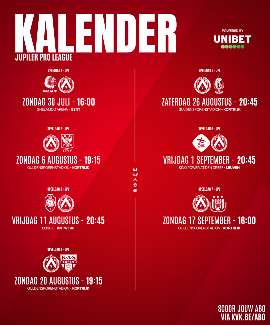 Kalender Jupiler Pro League 20232024 KV Kortrijk